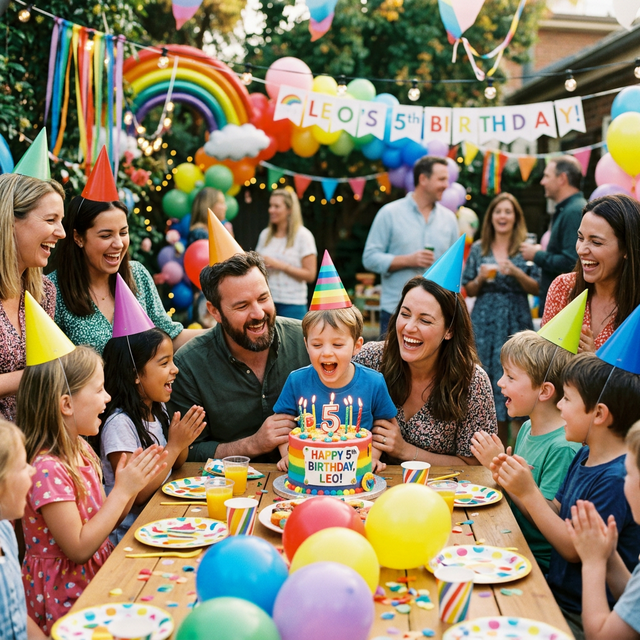 Niños celebrando una fiesta de cumpleaños feliz con globos y pastel