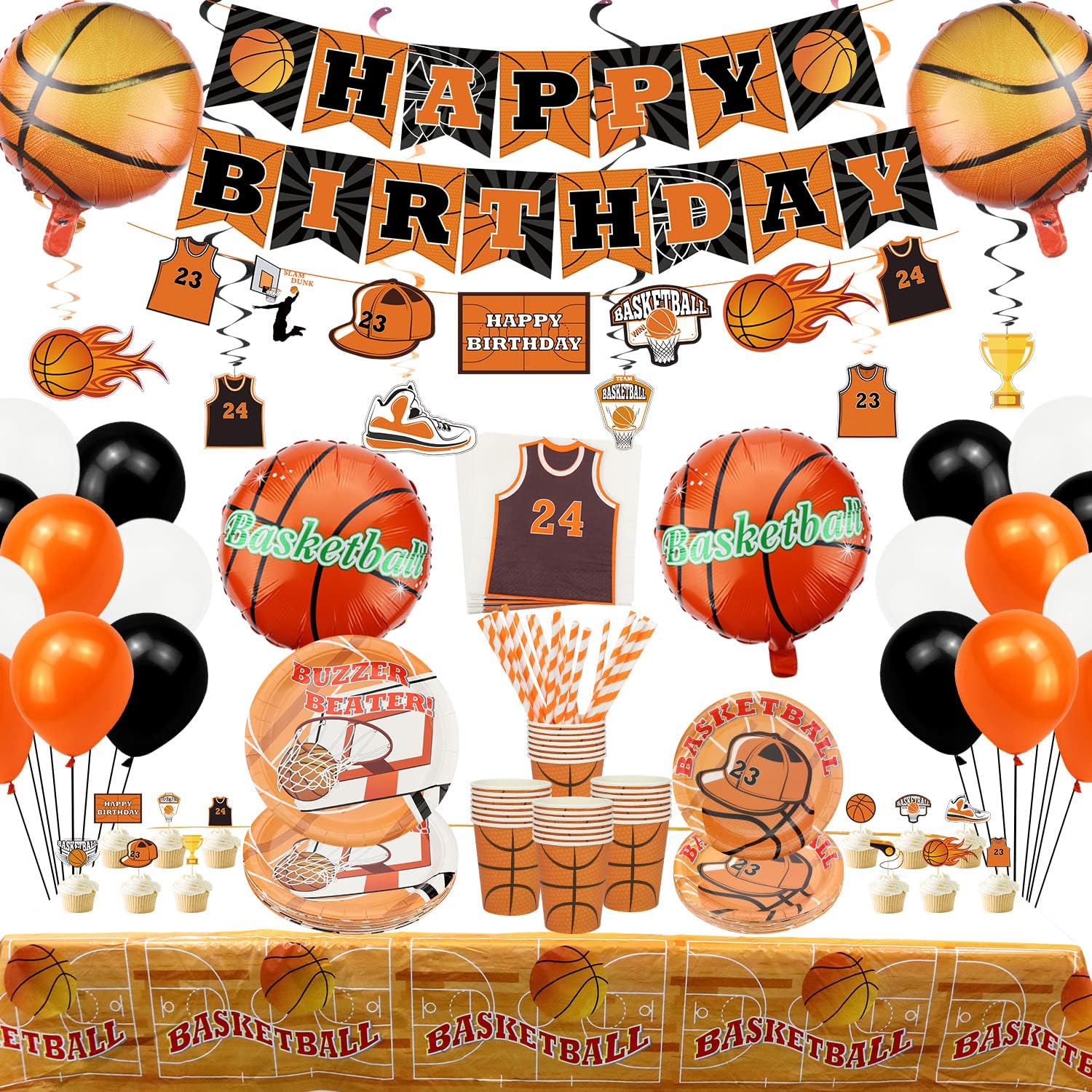 Include 4 Palloncini Basket, Piatti, Tazze, Tovaglioli