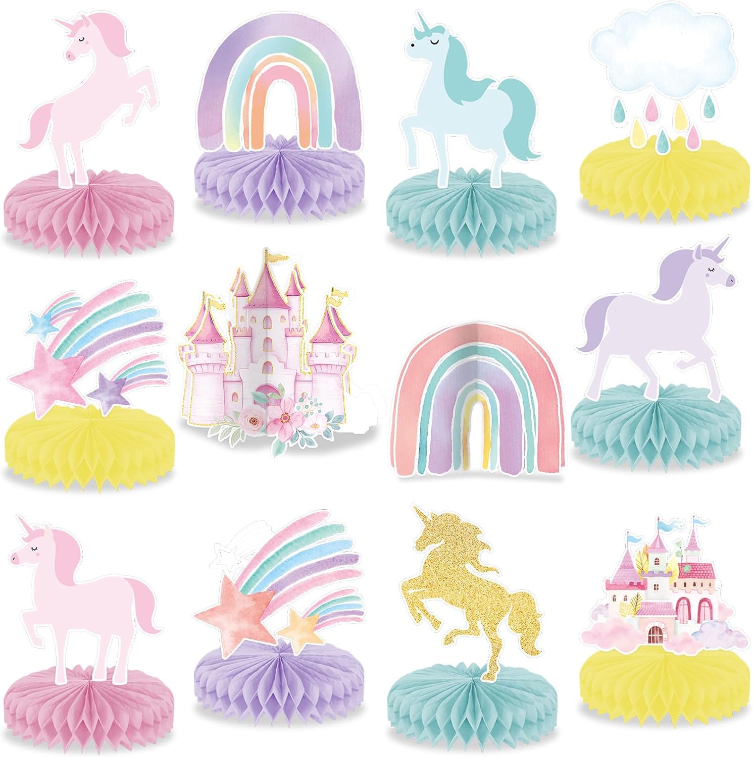 12 Pezzi Decorazione Tavola Unicorno Arcobaleno a Nido d'Ape