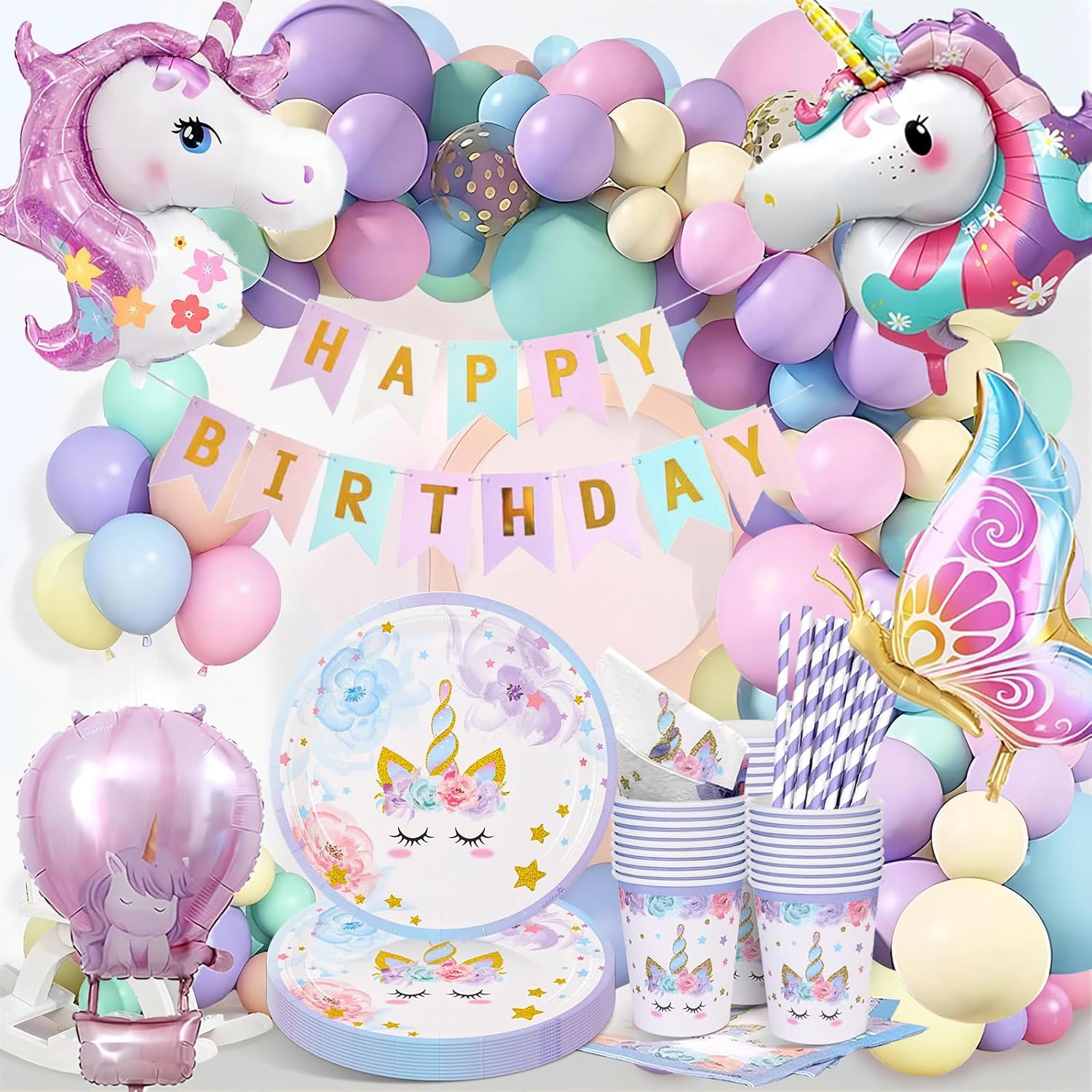 147 Pezzi Decorazioni Compleanno Unicorno, Piatti