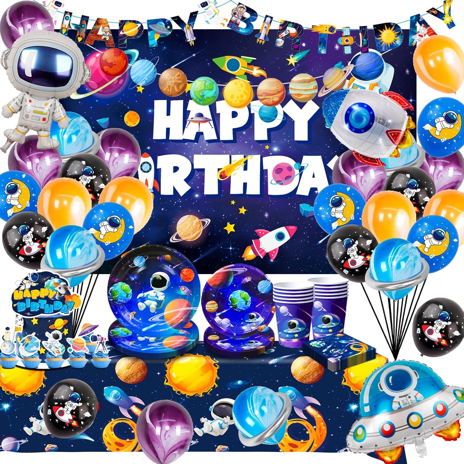 Palloncino e Striscione Astronauta, Piatti, Tovaglia per Festa Spaziale