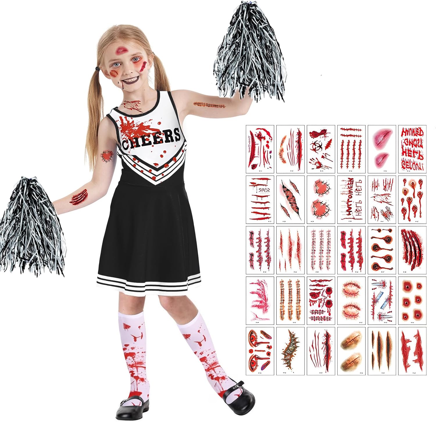 Disfraz Halloween Niña, 4 Piezas Disfraz de Animadora Zombie